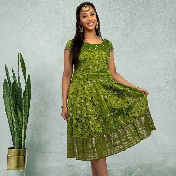 Green Silk Knee Length Dress  | Indian Festive | Indian Dress in USA - Picture 2 of 4